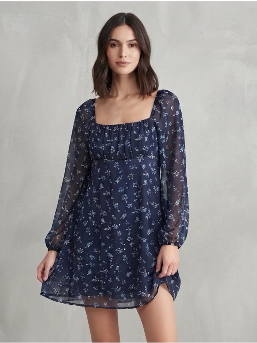 NWT Navy Blue Ditsy Floral Square Neck Mini Dress with Sheer Sleeves - Size L
